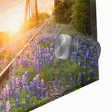 Close-up of a vibrant acrylic glass wall art piece showcasing a stunning landscape design with railroad elements, perfect for home décor enthusiasts.