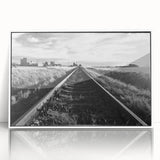 Framed acrylic wall art featuring a vibrant railroad landscape design, showcasing intricate details and colors, perfect for enhancing modern home decor with a touch of adventure.