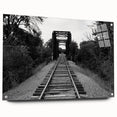 Acrylic glass wall art piece showcasing a vibrant railroad landscape design, highlighted with pins for easy display. The artwork features rich colors and intricate details, ideal for enhancing modern home decor.