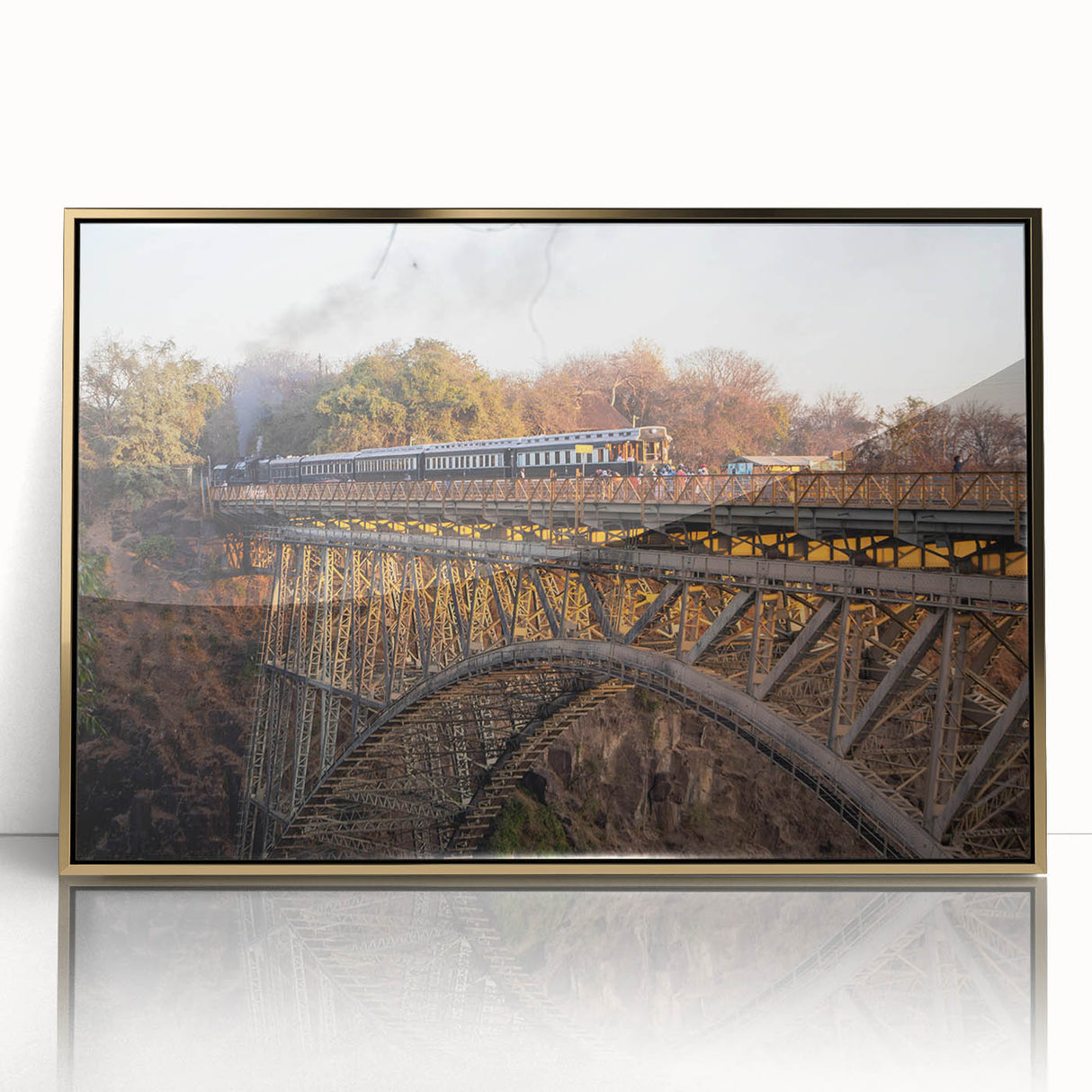 Framed acrylic wall art showcasing a stunning landscape with railroad tracks, featuring vibrant colors and a gold frame, perfect for modern home decor.