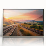 Framed wall art collection showcasing a vibrant railroad landscape design with silver accents, perfect for adding a modern touch to home decor.