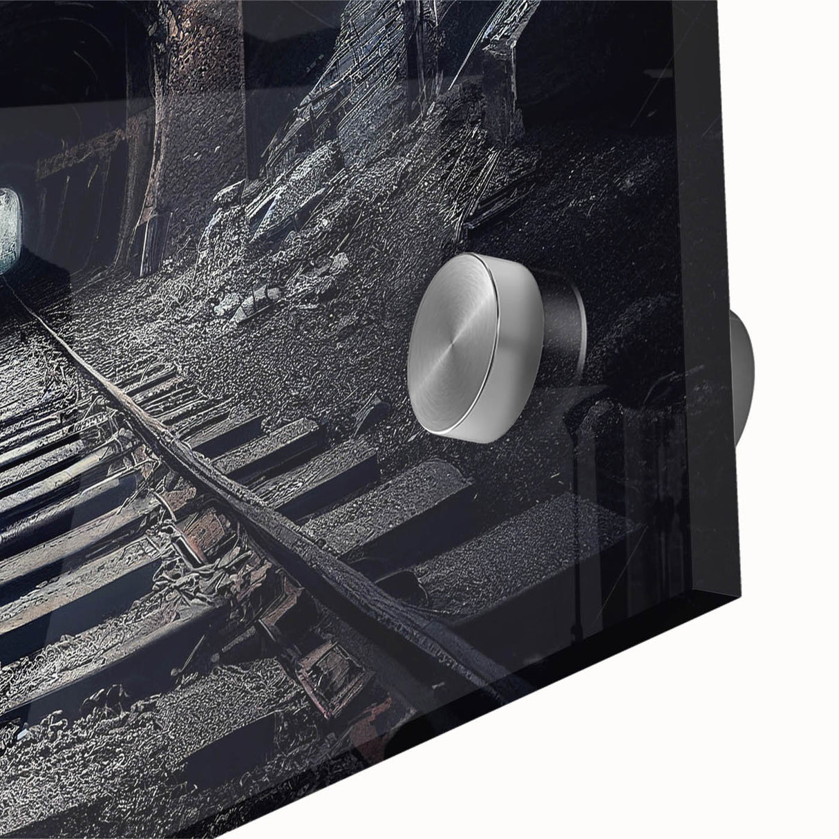 Close-up of a stunning acrylic wall art piece showcasing a vibrant railroad landscape design, featuring intricate details and rich colors, ideal for home décor.