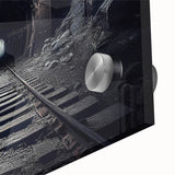 Close-up of a stunning acrylic wall art piece showcasing a vibrant railroad landscape design, featuring intricate details and rich colors, ideal for home décor.