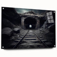 Acrylic wall art collection showcasing a vibrant landscape featuring railroads, designed in a modern style, with a side view display highlighting the unique pin mounting.