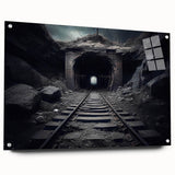 Acrylic wall art collection showcasing a vibrant landscape featuring railroads, designed in a modern style, with a side view display highlighting the unique pin mounting.