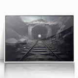 Framed acrylic wall art featuring a vibrant landscape with railroads, showcasing a white frame and a modern design, perfect for home or office decor.