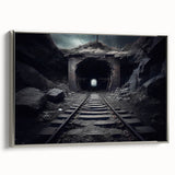 Framed canvas wall art showcasing a serene landscape with railroads, featuring a silver frame and vibrant colors, perfect for home decor and interior design.