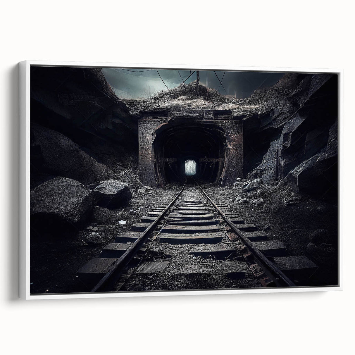 Framed canvas wall art collection showcasing scenic railroad landscapes in vibrant colors, displayed in a stylish white frame, ideal for home decor.