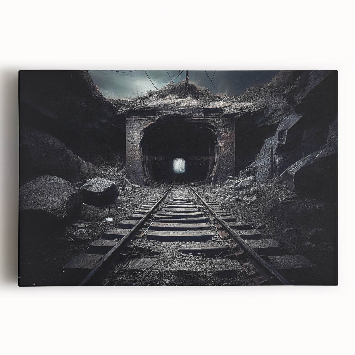 Stretched canvas wall art showcasing a vibrant landscape featuring a railroad track winding through lush greenery, perfect for enhancing home decor with a touch of nature.
