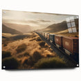 Acrylic glass wall art collection showcasing a vibrant railroad landscape design, displayed in a side view with pin mounts, perfect for modern home decor.
