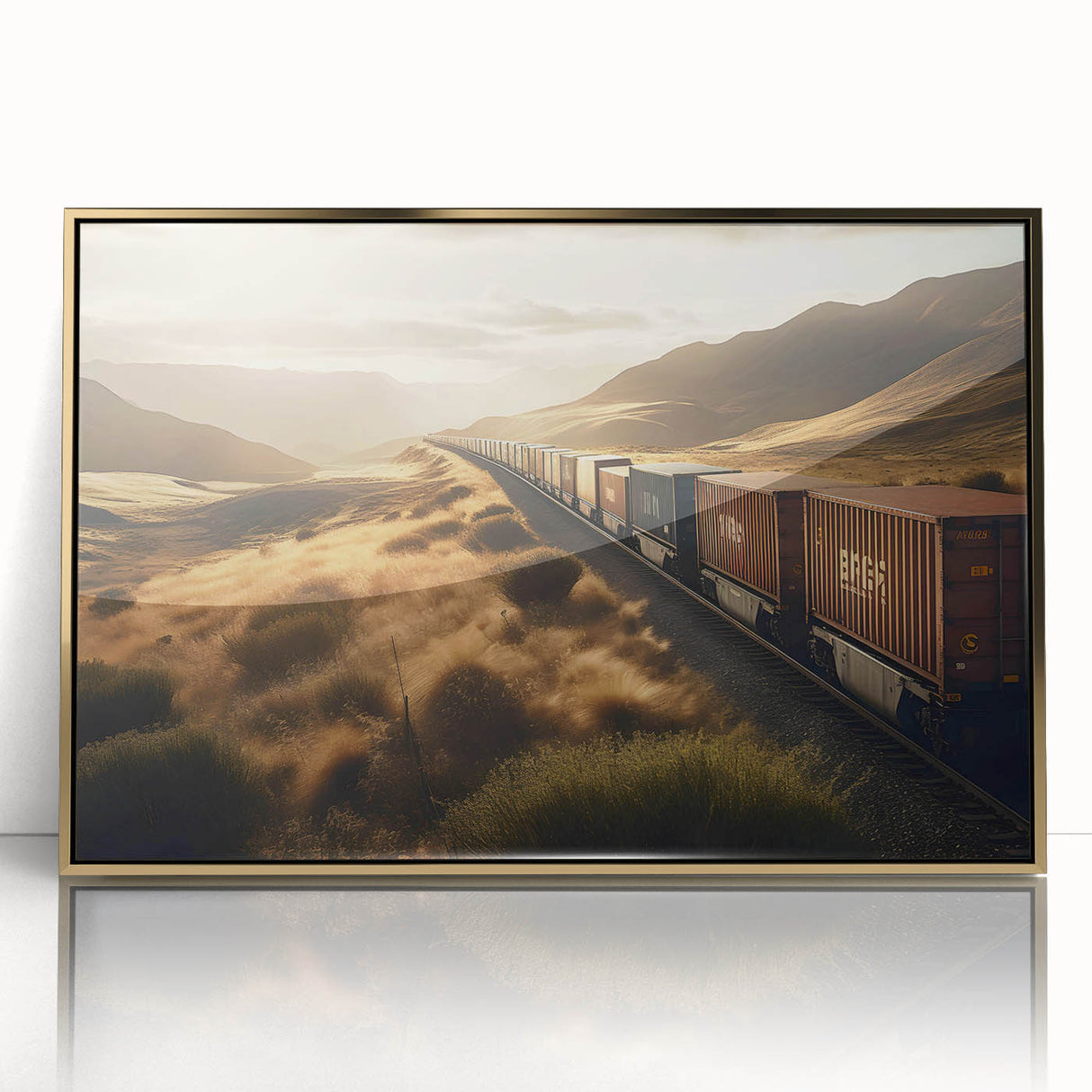 Framed wall art featuring a vibrant landscape design with railroad tracks, set in a gold-accented frame, perfect for enhancing home decor and adding character.