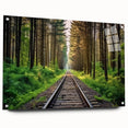 Acrylic glass wall art piece showcasing a vibrant railroad landscape design, displayed from a side view with mounting pins, ideal for modern home decor.