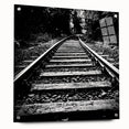 Acrylic glass wall art collection showcasing vibrant landscapes and railroads, designed in a modern style with a side view presentation, elegantly pinned for display.