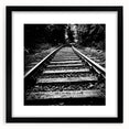 Black-framed wall art collection showcasing a serene railroad landscape design, featuring vibrant colors and intricate details, perfect for modern home decor.