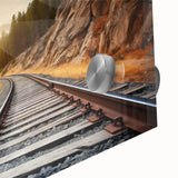 Close-up of a stunning acrylic glass wall art piece showcasing a vibrant railroad landscape design, perfect for modern home decor. The vibrant colors and intricate details capture the essence of travel and adventure, adding a unique touch to any room.