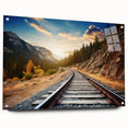 Acrylic glass wall art collection showcasing a vibrant railroad landscape design, viewed from the side with visible pins, perfect for modern decor enthusiasts.