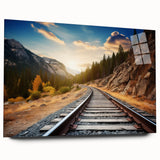 Acrylic glass wall art collection showcasing a side view of a vibrant landscape and railroad design, highlighting intricate details and bold colors for modern decor.