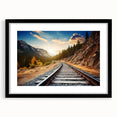 Framed wall art collection showcasing a landscape and railroad design, featuring a sleek black frame and mat, ideal for modern home decor.