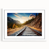 Framed wall art collection showcasing vibrant landscapes and railroads, featuring a white mat and sleek design, perfect for enhancing home decor aesthetics.