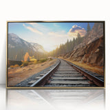 Framed wall art collection showcasing a vibrant landscape with railroad elements, featuring gold accents and an acrylic front, ideal for modern decor.