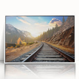 Framed wall art collection showcasing a serene landscape with railroads, featuring acrylic finish and white frame, perfect for modern home decor.