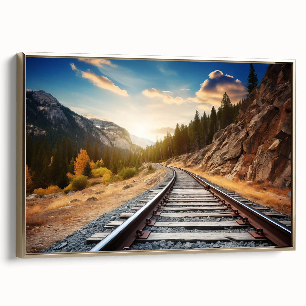 Framed canvas artwork showcasing a striking railroad landscape design with gold accents, perfect for enhancing modern home decor and adding a touch of elegance.