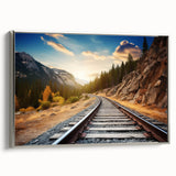 Framed canvas wall art showcasing a serene landscape with railroad tracks, featuring a silver frame and vibrant colors, perfect for modern home decor.