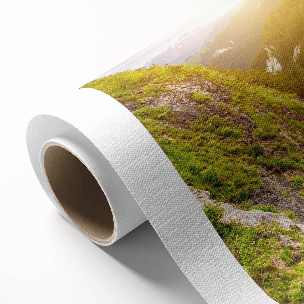 Rolled canvas featuring a vibrant landscape railroad design, showcasing colorful trains against a scenic backdrop, ideal for home decor enthusiasts and art collectors.