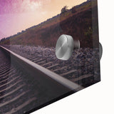 Close-up of a vibrant acrylic glass artwork depicting a scenic railroad landscape, showcasing rich colors and intricate details, ideal for modern home decor.