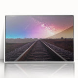 Framed acrylic wall art collection showcasing a stunning landscape with railroads, featuring a white frame and a modern design, perfect for home decor.