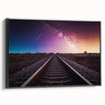 Framed wall art collection showcasing a serene landscape with railroad tracks, featuring vibrant colors and a sleek black frame, ideal for modern decor.