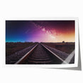 Rolled print showcasing a vibrant landscape railroad design, featuring rich colors and intricate details, ideal for home decor or art collection display.