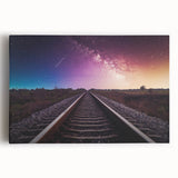 Stretched canvas wall art featuring a vibrant landscape design with railroad tracks, showcasing vivid colors and intricate details, perfect for home décor.