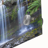 Close-up of a vibrant rainforest landscape wall art design, featuring lush greenery and intricate details, printed on acrylic glass for a modern aesthetic. Ideal for nature enthusiasts and home decor lovers, this piece adds a touch of tropical serenity to any space.