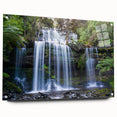 Vibrant rainforest landscape wall art design displayed in an acrylic glass frame, showcasing rich greens and natural textures, ideal for home decor enhancement.