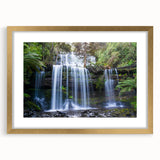 Framed rainforest landscape wall art with a gold mat, showcasing vibrant green foliage and serene natural scenery, ideal for eco-friendly home decor.