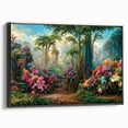 Framed canvas wall art depicting a vibrant rainforest landscape with lush greenery and intricate details, featuring a sleek black frame, ideal for home decor.