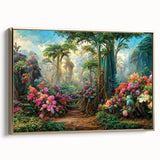 Framed canvas wall art showcasing a vibrant rainforest landscape design, featuring lush green foliage and golden accents, ideal for home decor enhancement.