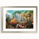Framed rainforest wall art design featuring vibrant green foliage and intricate details, set in a sleek silver frame with a white mat, ideal for nature-inspired decor.