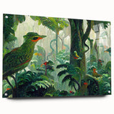 Acrylic glass wall art piece showcasing a vibrant rainforest landscape design, featuring rich greens and blues, mounted with decorative pins for display. Perfect for nature-inspired decor.