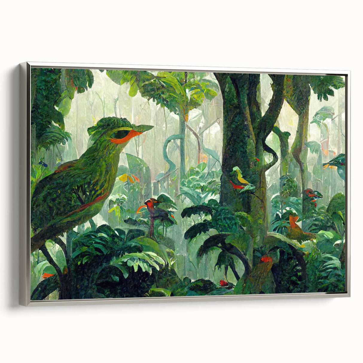 Framed canvas wall art showcasing a vibrant rainforest landscape design, featuring lush greenery and wildlife, elegantly presented with a silver frame.
