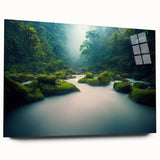 Acrylic wall art depicting a vibrant rainforest landscape, showcasing lush greenery and tropical flora, elegantly displayed from the side view without pins, perfect for nature lovers.