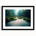 Framed rainforest landscape wall art featuring vibrant green foliage and intricate details, set in a sleek black frame with a mat, perfect for home decor.