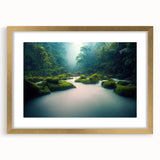 Framed rainforest landscape wall art collection featuring vibrant greens and gold accents, ideal for enhancing home decor with a touch of nature's beauty.