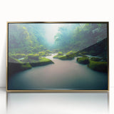 Framed acrylic wall art showcasing a vibrant rainforest landscape design with golden accents, ideal for adding a touch of nature-inspired elegance to home decor.