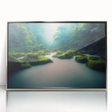 Framed acrylic wall art featuring a vibrant rainforest landscape with lush greenery and vivid colors, displayed in a sleek silver frame, perfect for home decor.