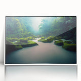 Framed acrylic wall art showcasing a vibrant rainforest landscape design with lush greenery and intricate details, set against a sleek white frame, ideal for home decor.