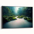 Framed canvas wall art showcasing a vibrant rainforest landscape design with rich greens and earthy tones, elegantly displayed with a sleek black frame. This piece adds a touch of nature-inspired decor to any space, perfect for enhancing interior aesthetics.