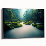 Framed canvas wall art showcasing a vibrant rainforest landscape design with rich greens and earthy tones, elegantly displayed with a sleek black frame. This piece adds a touch of nature-inspired decor to any space, perfect for enhancing interior aesthetics.