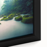 Close-up of a framed canvas artwork showcasing a vibrant rainforest landscape design, highlighting lush greenery and intricate details, ideal for nature-themed decor.